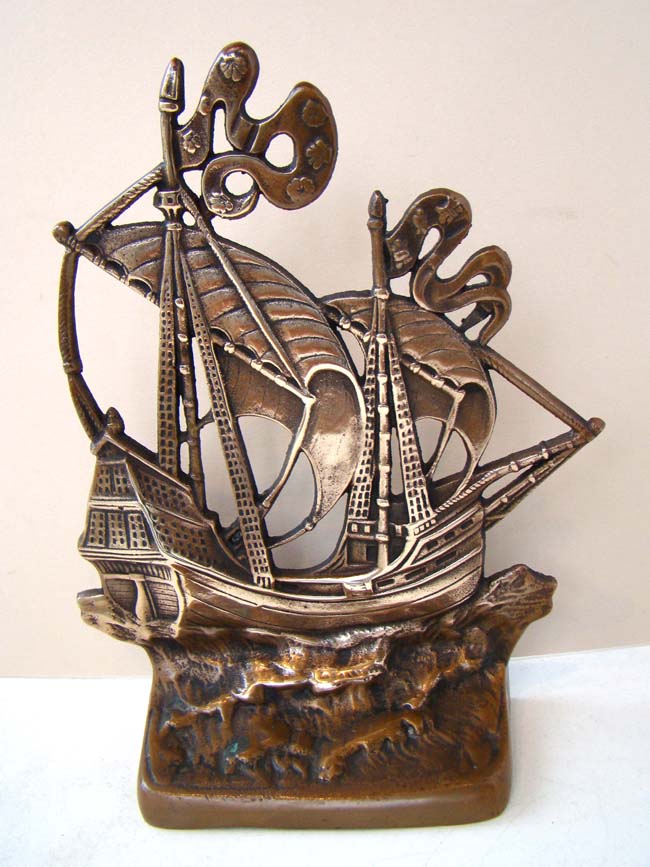 A wonderful single solid bronze 15th century Galleon bookend made in 1926
